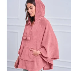 Poncho in fleece met pluchetouch en kap