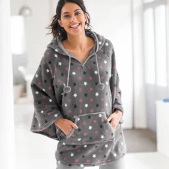 Poncho in fleece met pluchetouch en kap