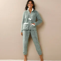 Pyjama in fleece, jasje met rits en pompons