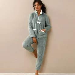 Pyjama in fleece, jasje met rits en pompons