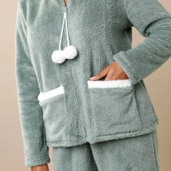 Pyjama in fleece, jasje met rits en pompons