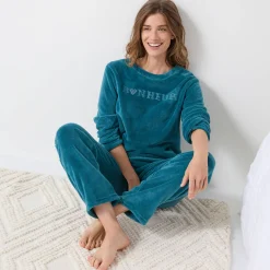 Pyjama in fleece met 'bonheur' borduursel, lange mouwen