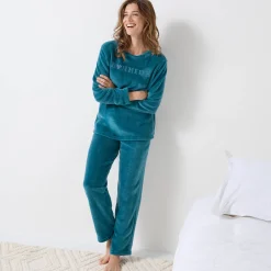 Pyjama in fleece met 'bonheur' borduursel, lange mouwen