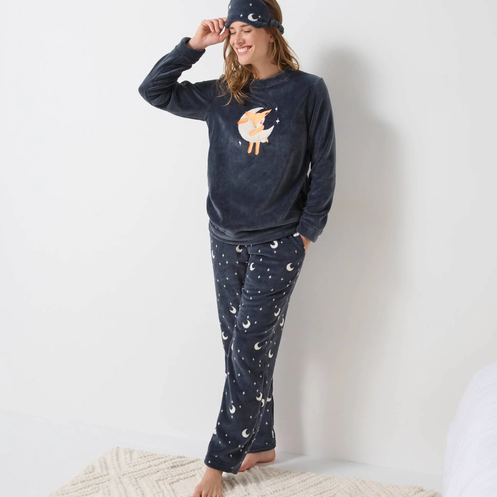 Pyjama in fleece met 'hertenkalf' print, lange mouwen + bijpassend masker