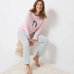 Pyjama in fleece met 'pinguïn' motief, lange mouwen