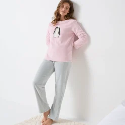 Pyjama in fleece met 'pinguïn' motief, lange mouwen