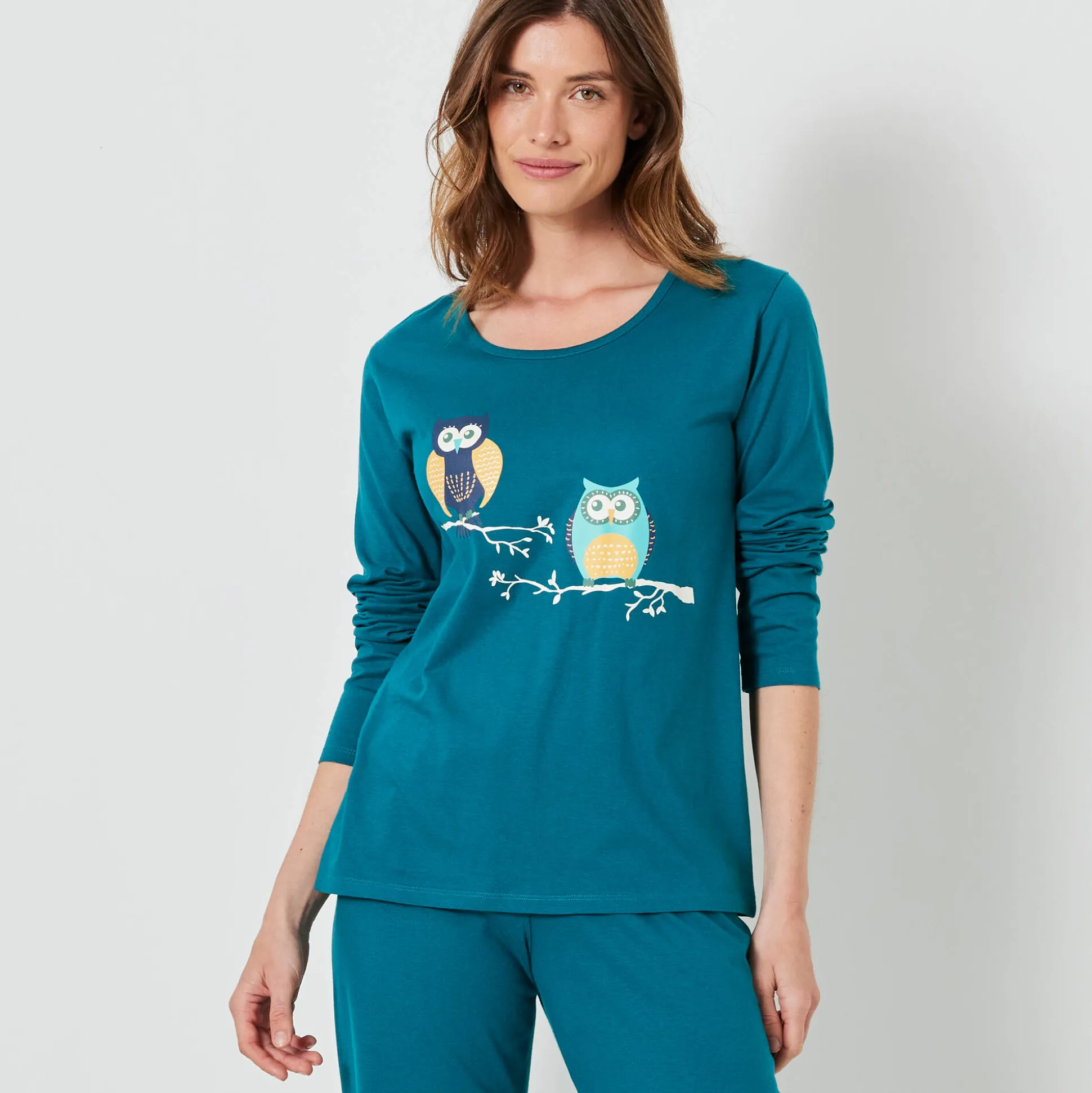 Pyjama in katoen met uilenprint en lange mouwen