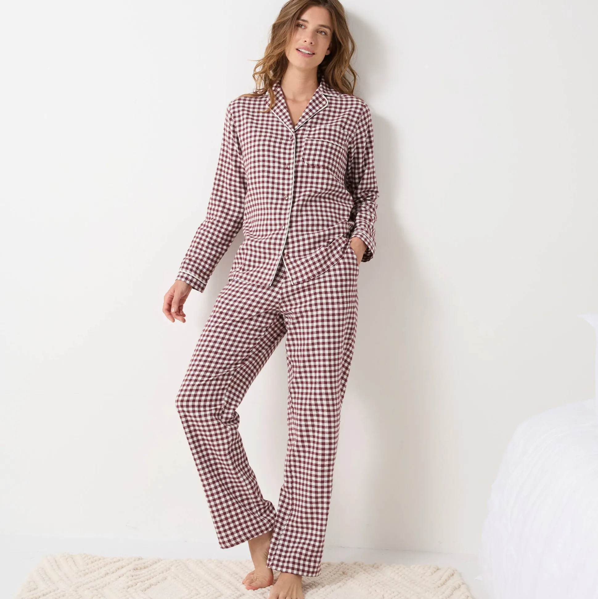 Pyjama met knoopsluiting en lange mouwen, in flanel met ingeweven vichymotief