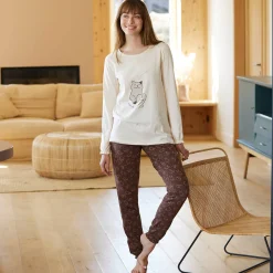 Pyjama met "poes" motief en lange strookmouwen