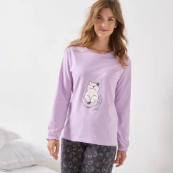 Pyjama met "poes" motief en lange strookmouwen