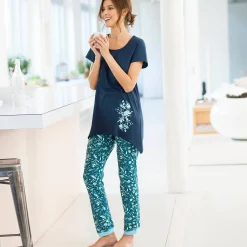 Pyjamabroek - smaragdgroen met bloemenprint