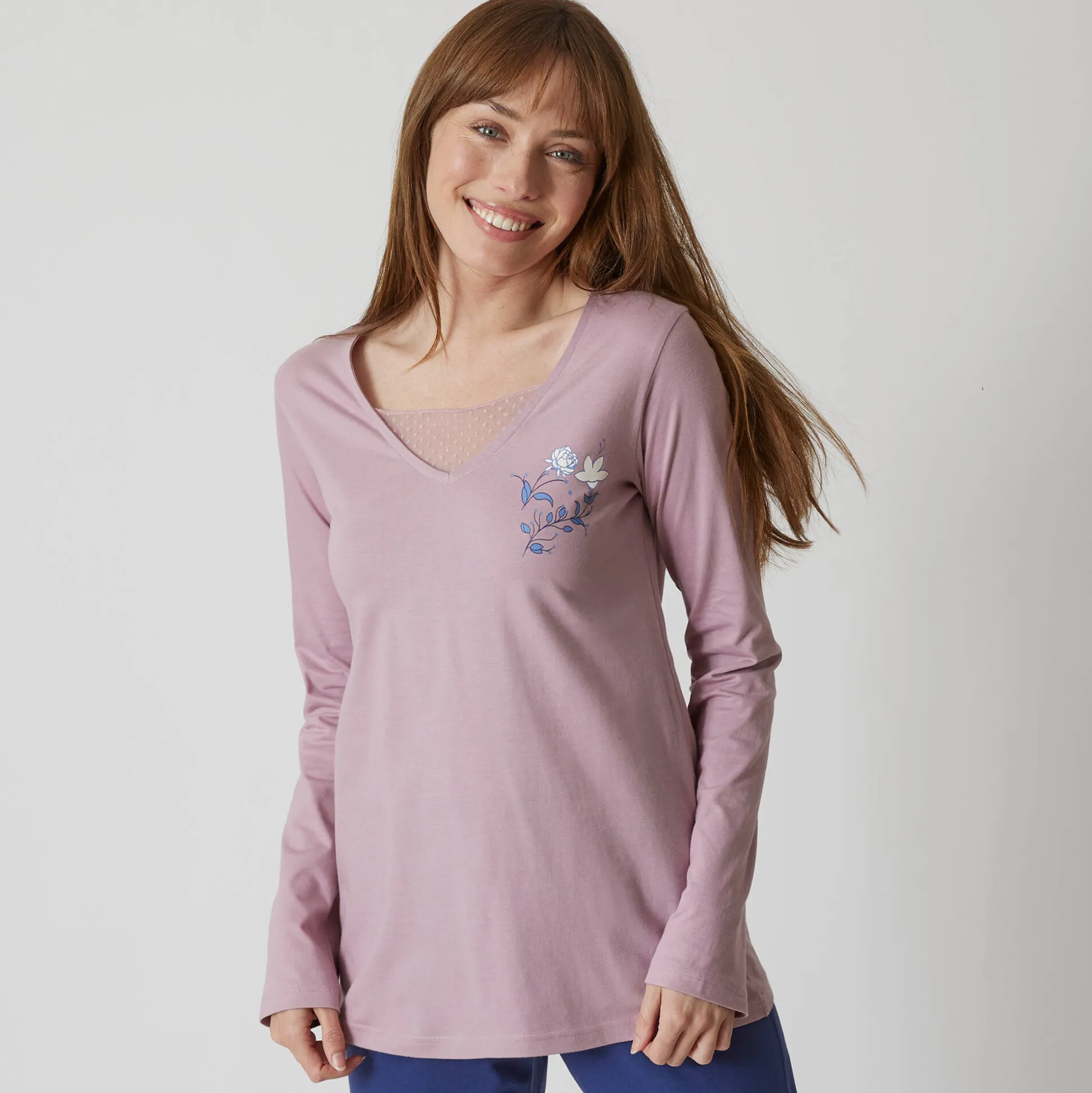 Pyjamashirt met lange mouwen en bloemenmotief