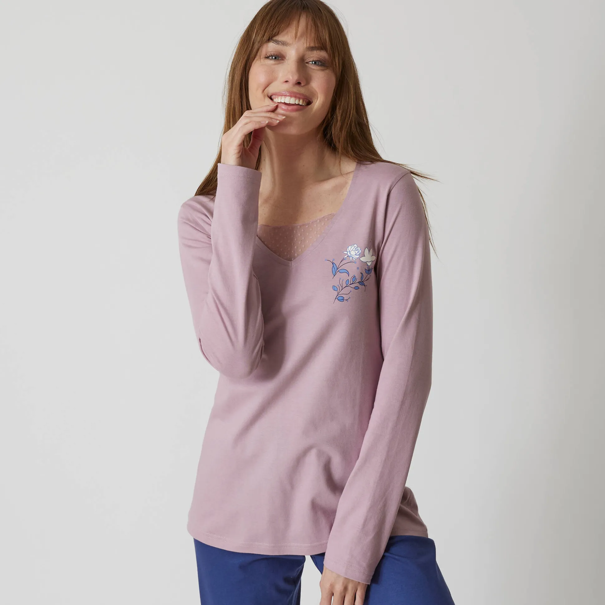 Pyjamashirt met lange mouwen en bloemenmotief