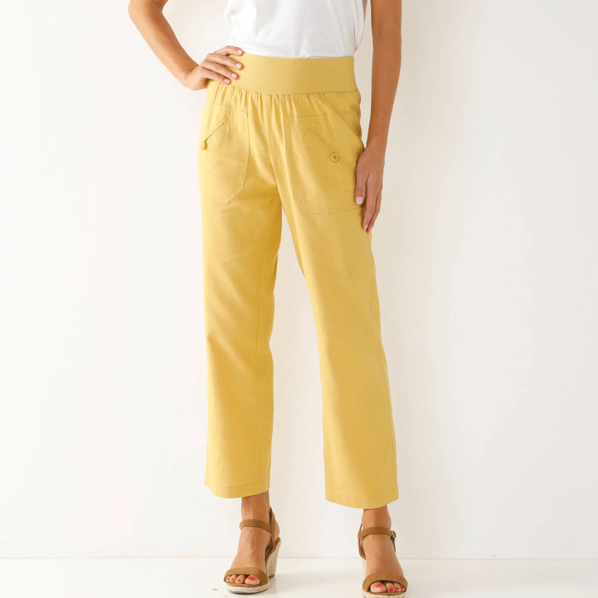 Rechte 7/8-broek met elastische taille, linnen/katoen