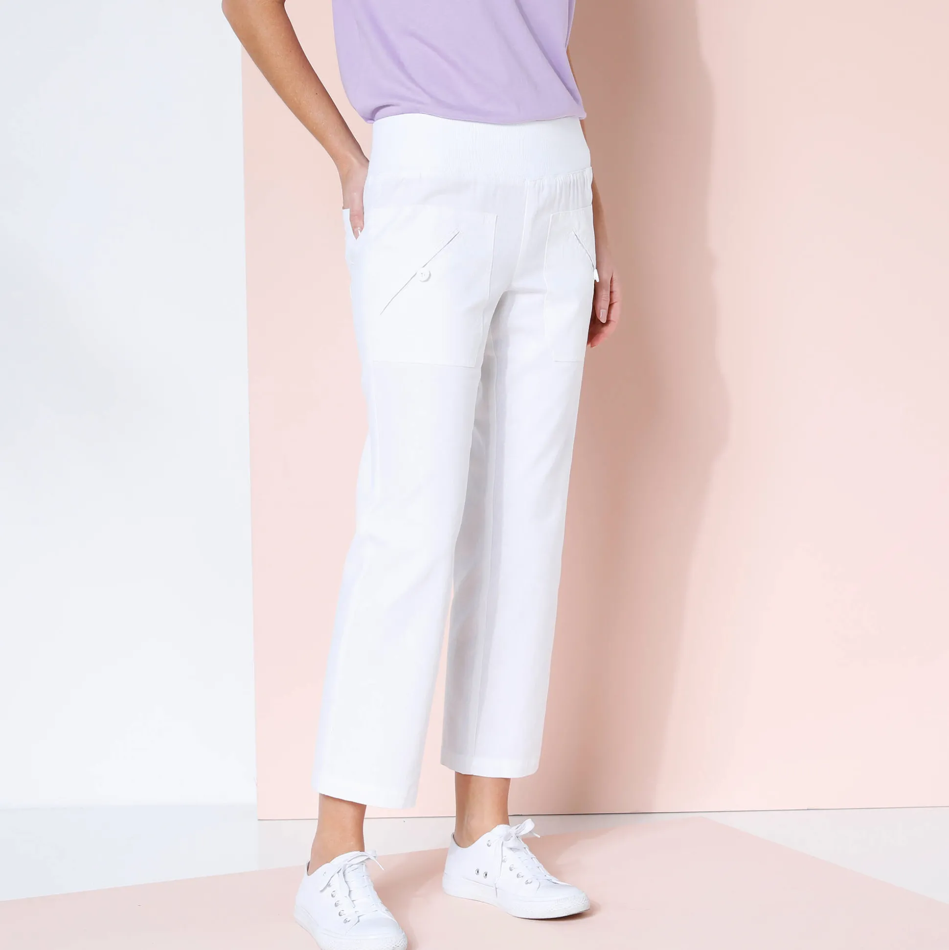 Rechte 7/8-broek met elastische taille, linnen/katoen