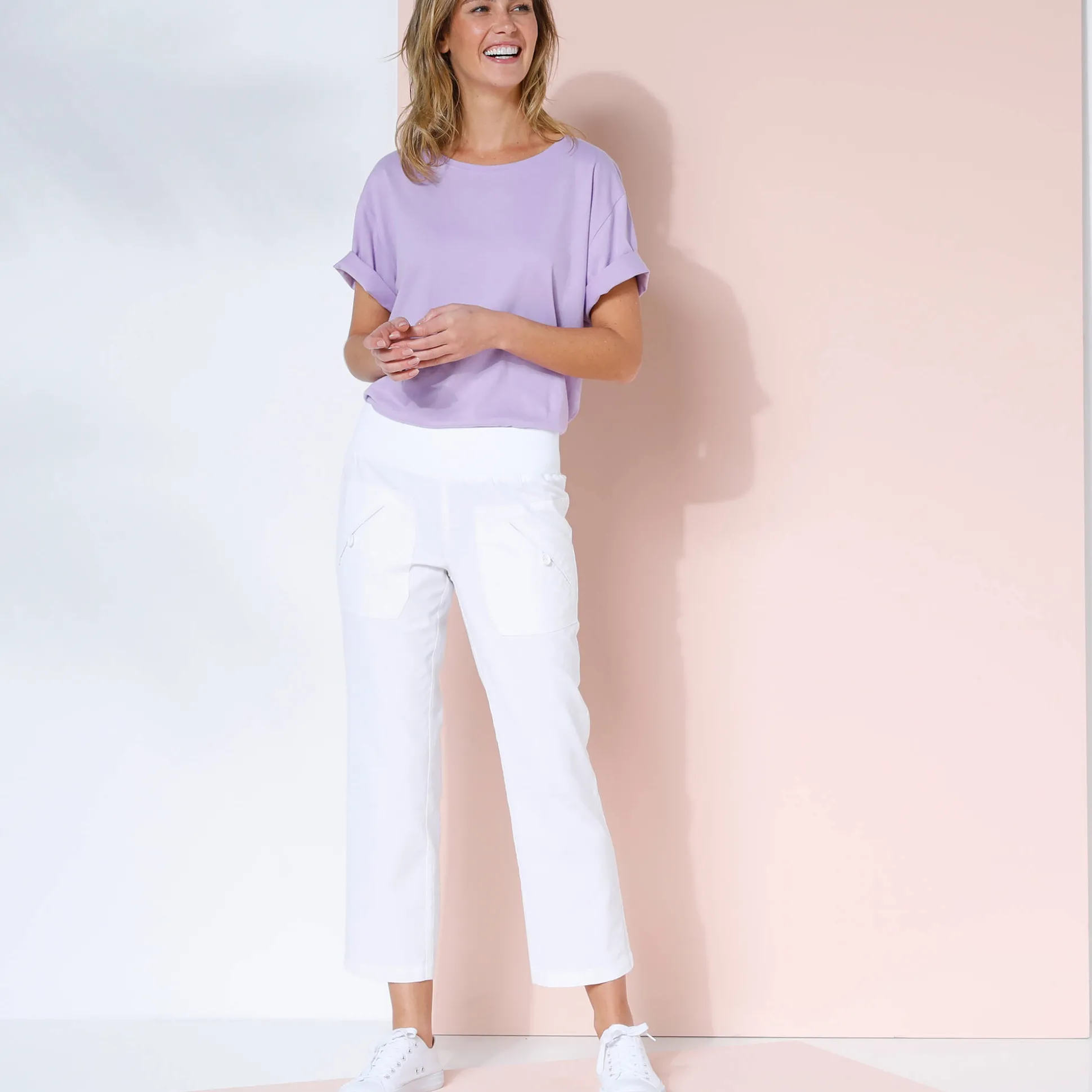 Rechte 7/8-broek met elastische taille, linnen/katoen