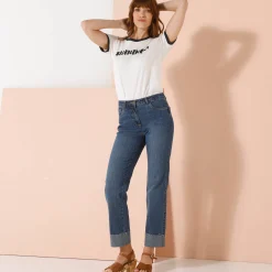 Rechte 7/8-jeans met omslag, hoge taille