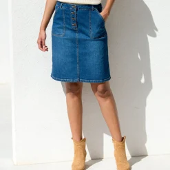 Rok met A-lijn, in jeans met knopen