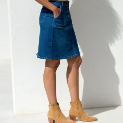 Rok met A-lijn, in jeans met knopen