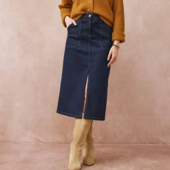 Rok met split en midilengte, soepel denim