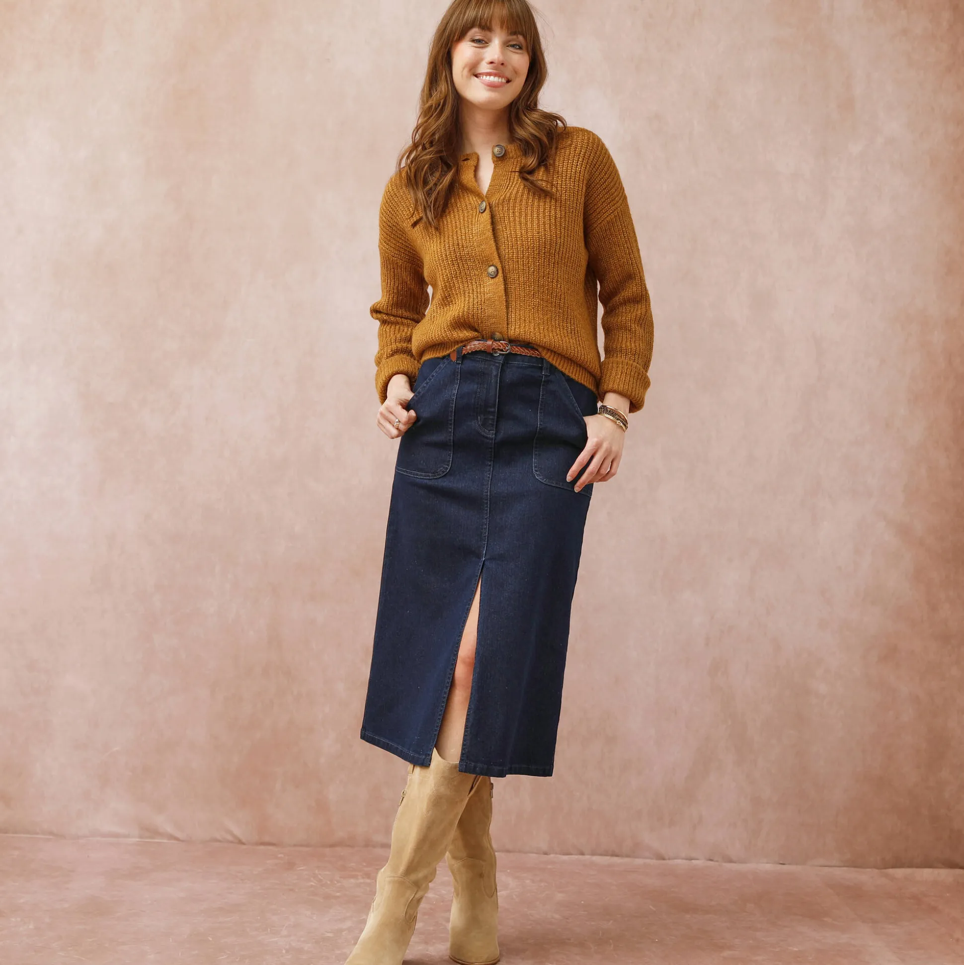 Rok met split en midilengte, soepel denim