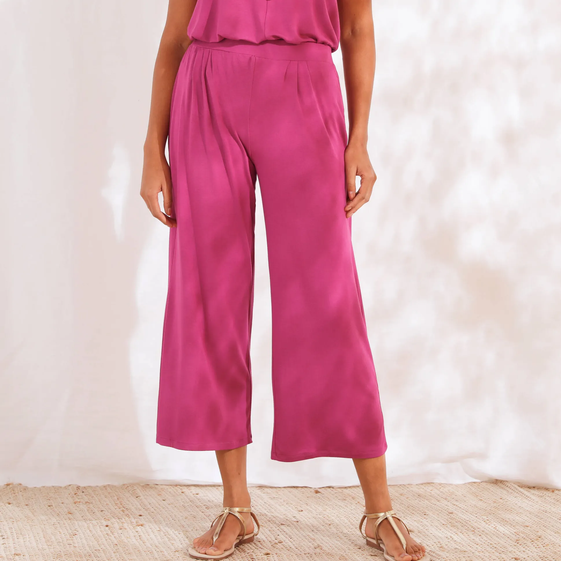 Ruime, effen 7/8-broek in soepel tricot met elastische taille