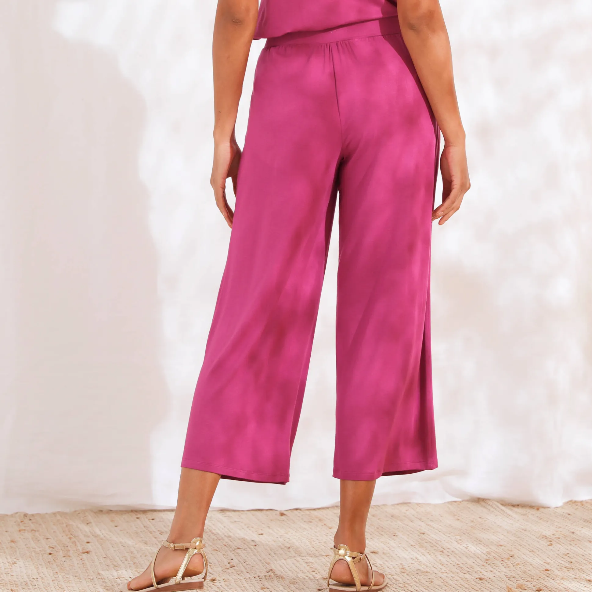 Ruime, effen 7/8-broek in soepel tricot met elastische taille