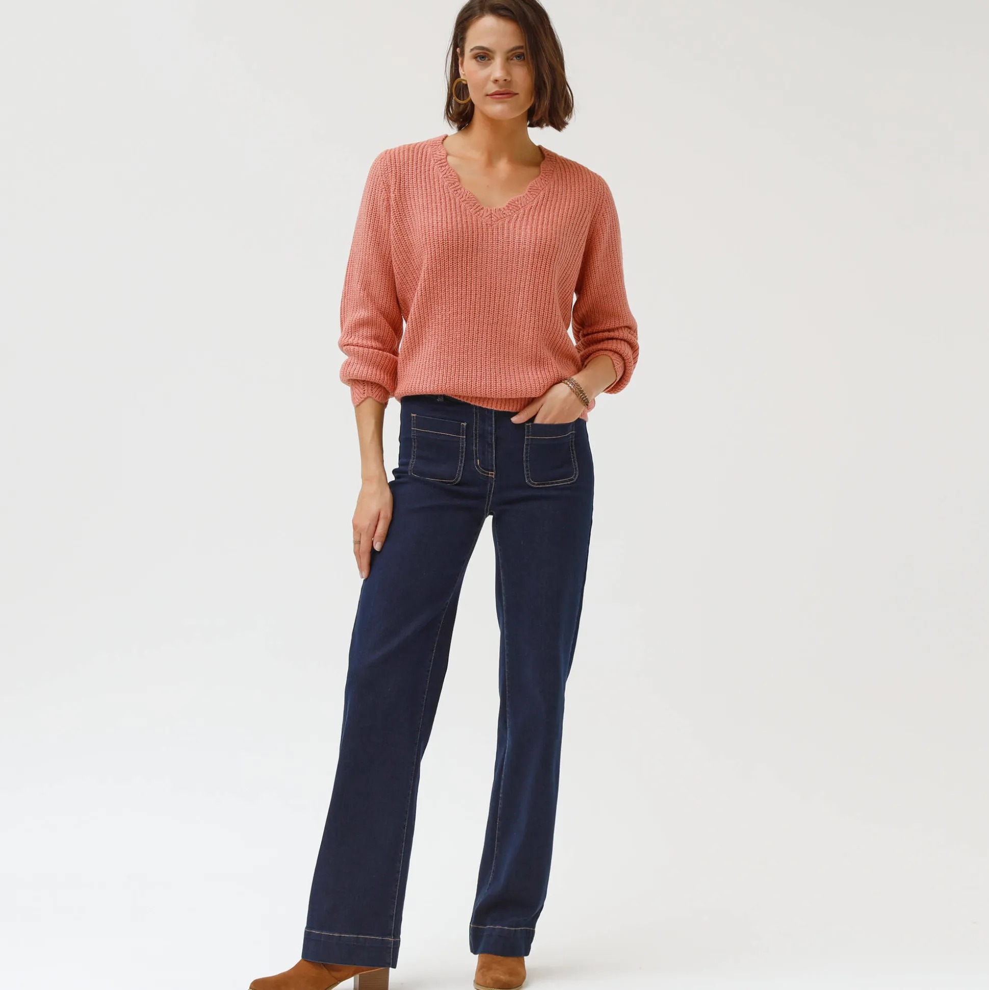 Ruime, rechte jeans, hoge taille, kleine lengte