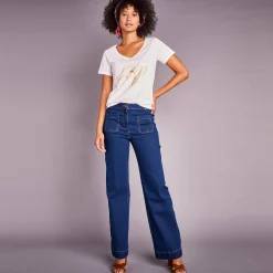 Ruime, rechte jeans, hoge taille, kleine lengte