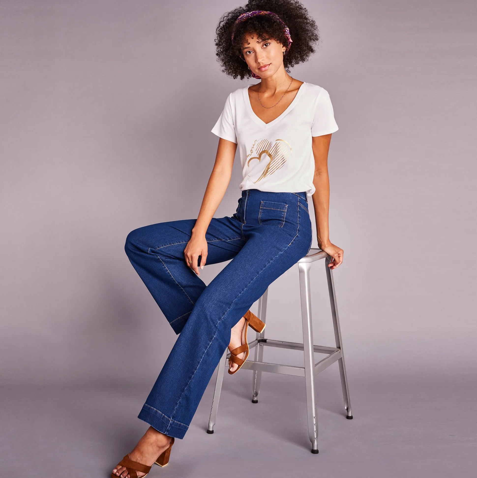 Ruime, rechte jeans, hoge taille, kleine lengte