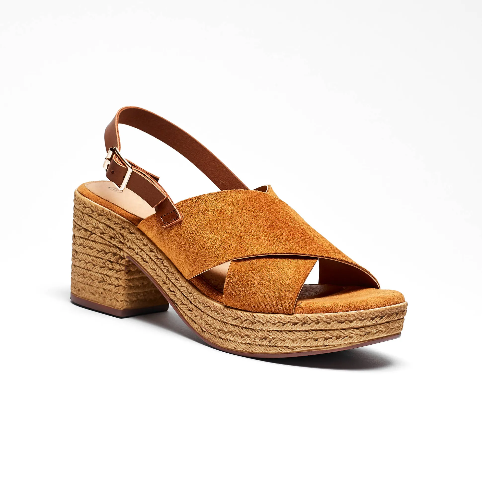 Sandalen met sleehak en gekruist bovenwerk, karamel