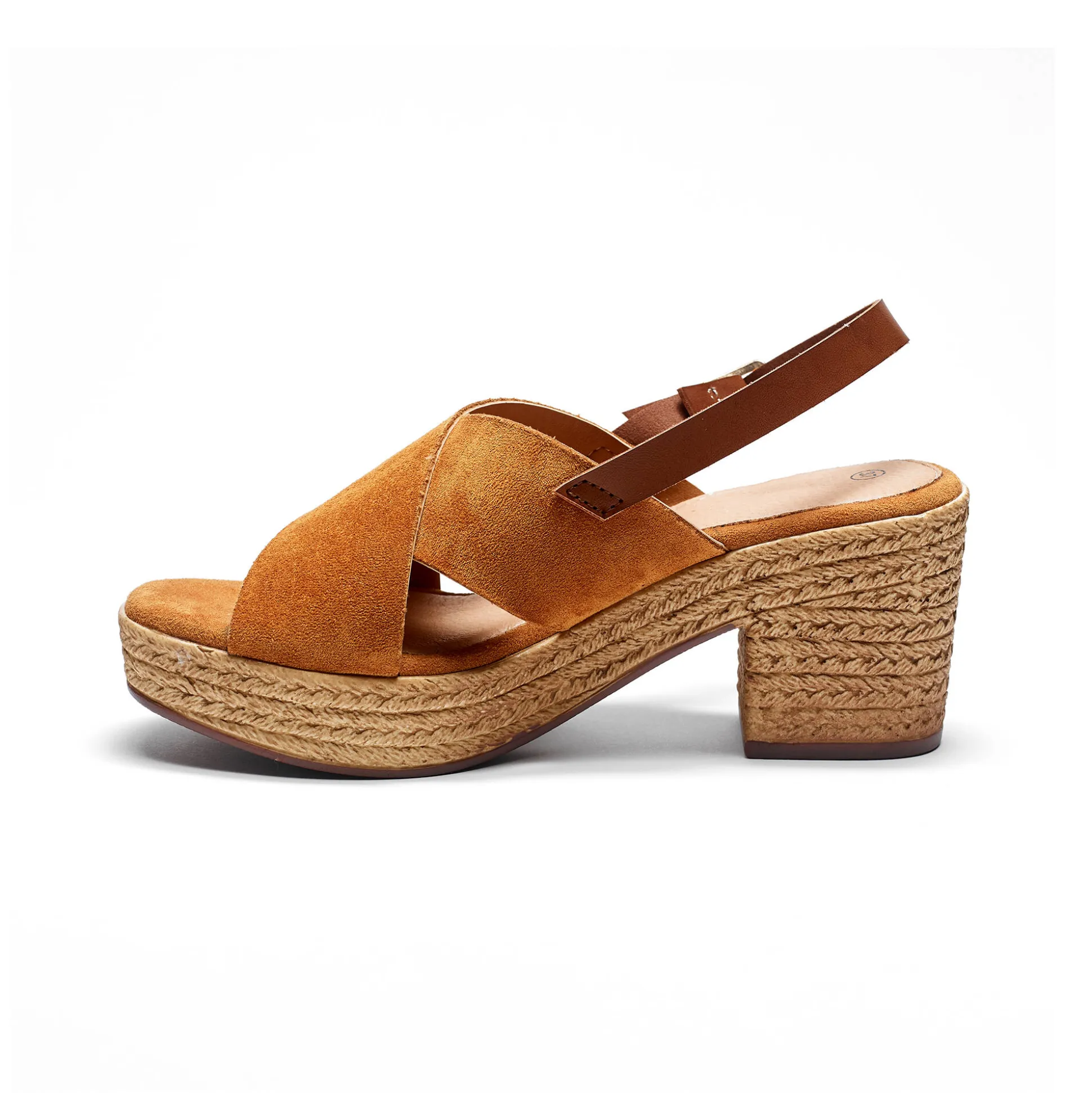 Sandalen met sleehak en gekruist bovenwerk, karamel