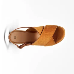 Sandalen met sleehak en gekruist bovenwerk, karamel