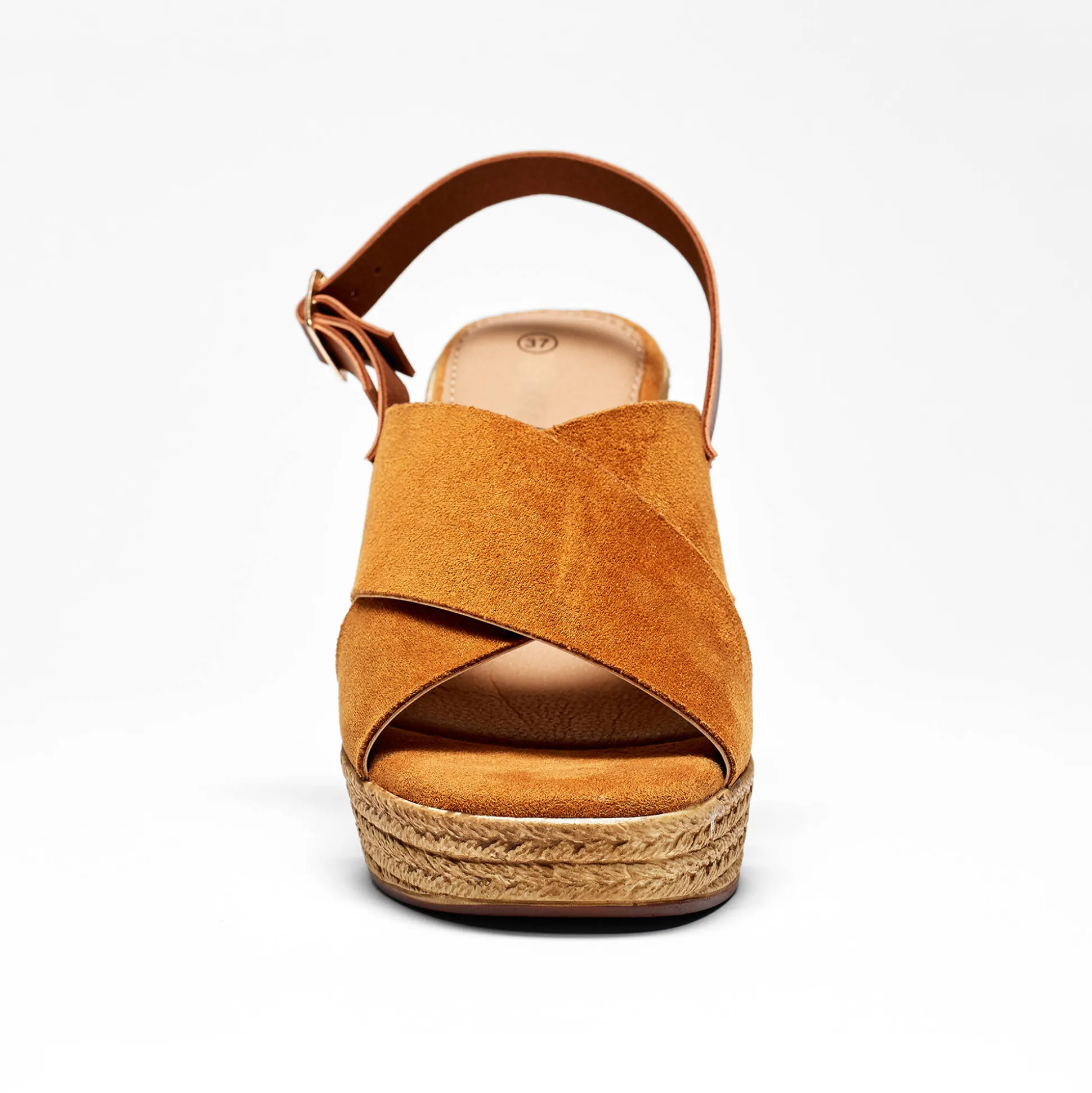 Sandalen met sleehak en gekruist bovenwerk, karamel