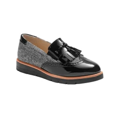 Slip-ons met sleehak, franjes en pompons - geruit/grijs