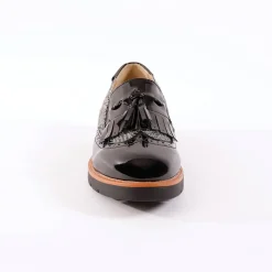 Slip-ons met sleehak, franjes en pompons - geruit/grijs