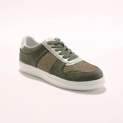 Sneakers met platformzool en goudkleurige mesh pasjes - kaki