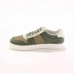 Sneakers met platformzool en goudkleurige mesh pasjes - kaki