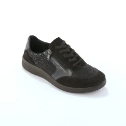 Sneakers met veters en rits, in leer met rekbare pasjes
