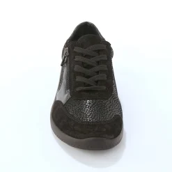 Sneakers met veters en rits, in leer met rekbare pasjes