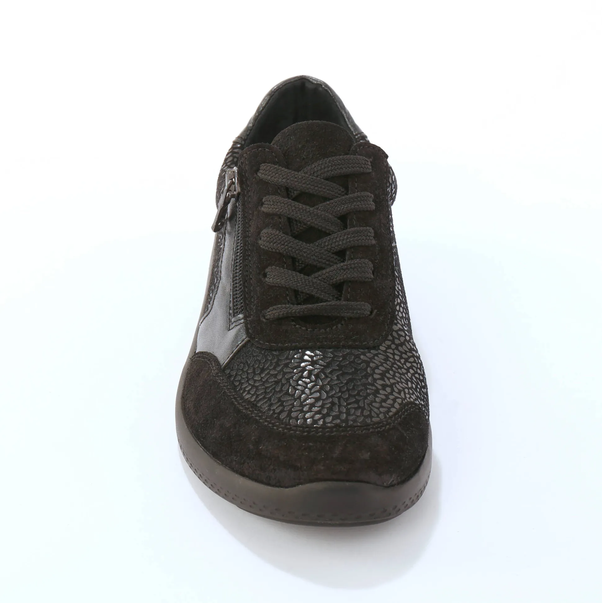 Sneakers met veters en rits, in leer met rekbare pasjes