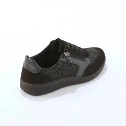 Sneakers met veters en rits, in leer met rekbare pasjes
