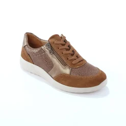 Sneakers met veters en rits, in leer met rekbare pasjes