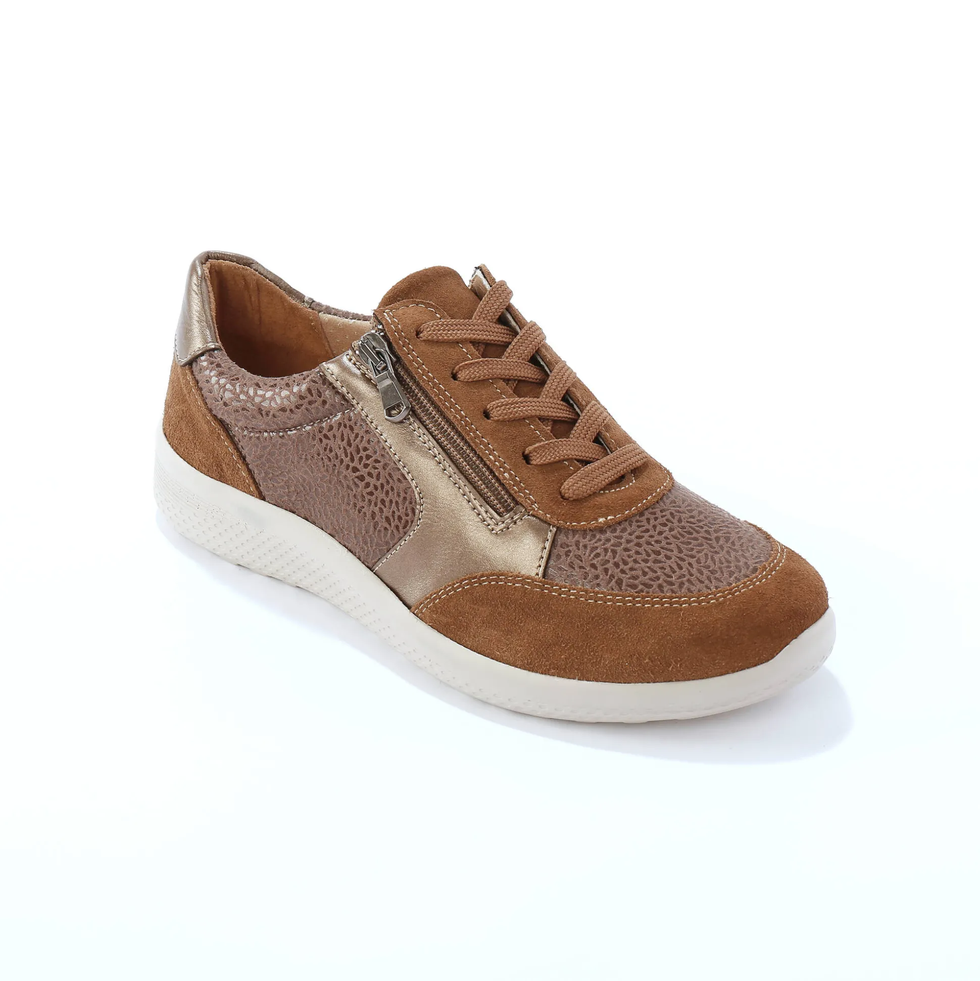 Sneakers met veters en rits, in leer met rekbare pasjes