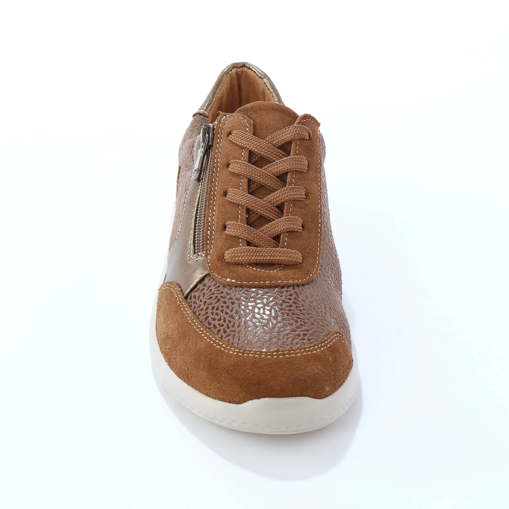 Sneakers met veters en rits, in leer met rekbare pasjes