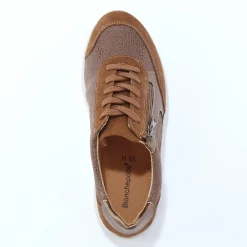 Sneakers met veters en rits, in leer met rekbare pasjes