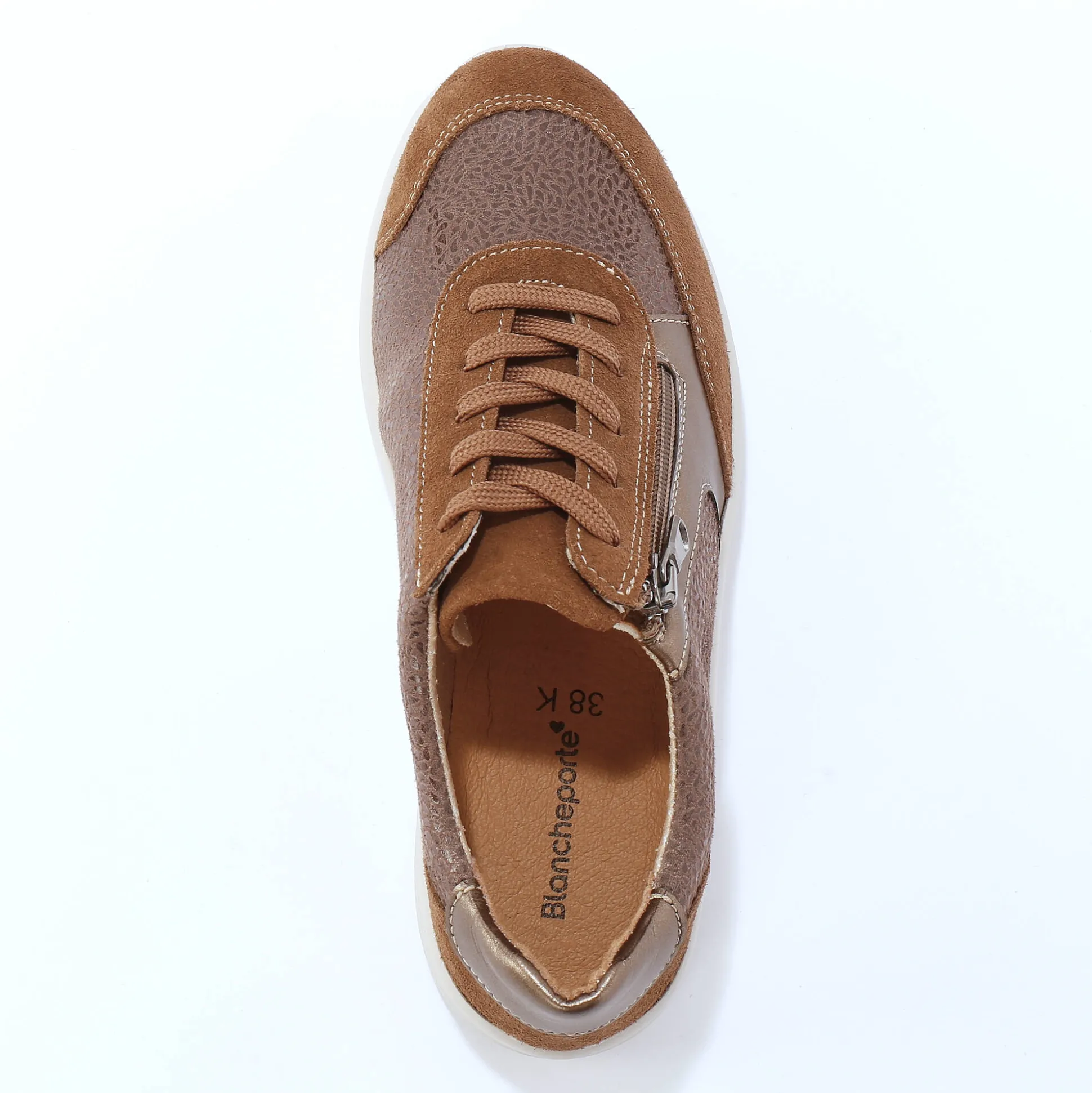 Sneakers met veters en rits, in leer met rekbare pasjes