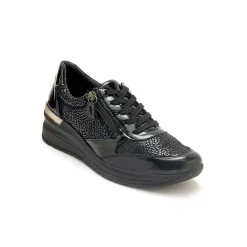 Sneakers met veters in leer en rekbare stof, sleehakje