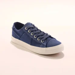 Sneakers met veters, verwassen canvas met sierstiksel