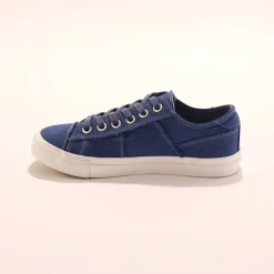 Sneakers met veters, verwassen canvas met sierstiksel